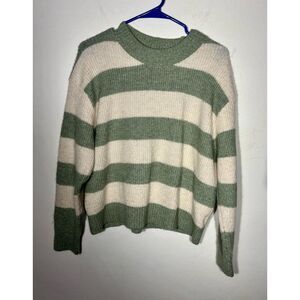 H&M Green Cream Striped Knit Sweater Womens Size M Cozy Soft Pullover